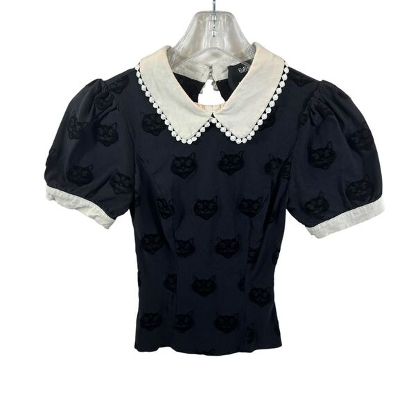 Girl’s Collectif X ModCloth Black Velvet Cat Blouse with White Collar Size 6 - Picture 2 of 8